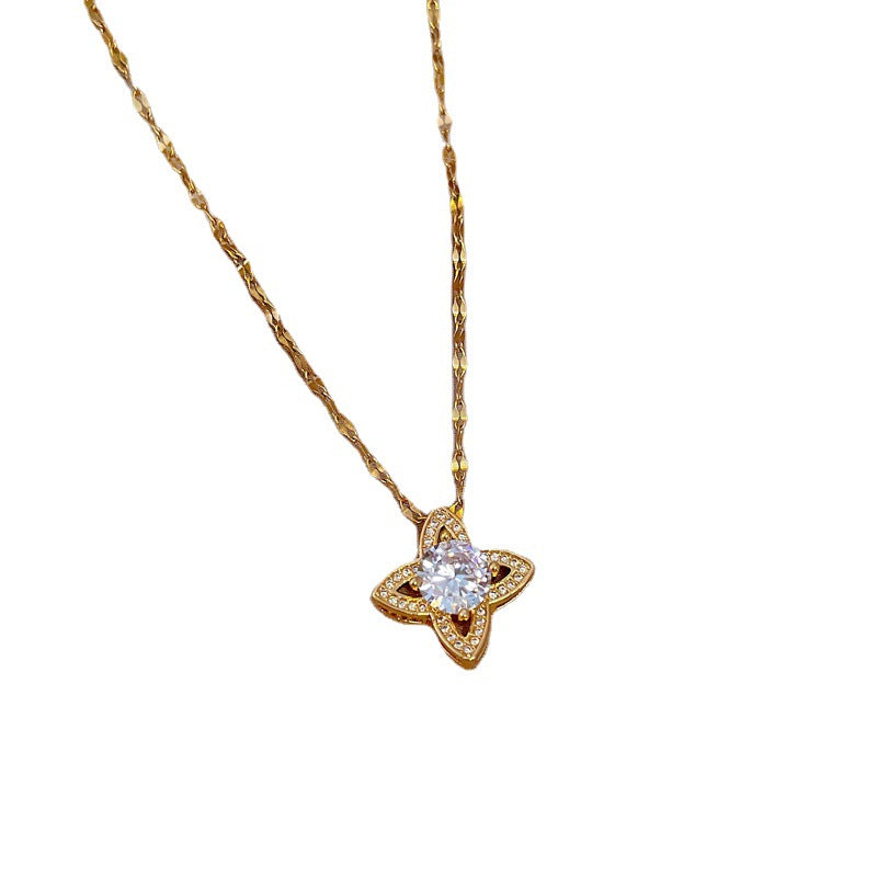 Collana con Pendente a Stella Geometrica in Acciaio al Titanio con Intarsi di Strass da Donna, Stile Lusso Minimalista