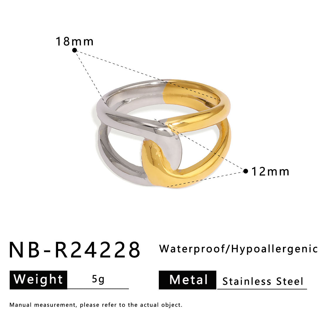 Asymmetrical Geometric Line Stainless Steel Ring for Women with Dual-Tone Plated Finish