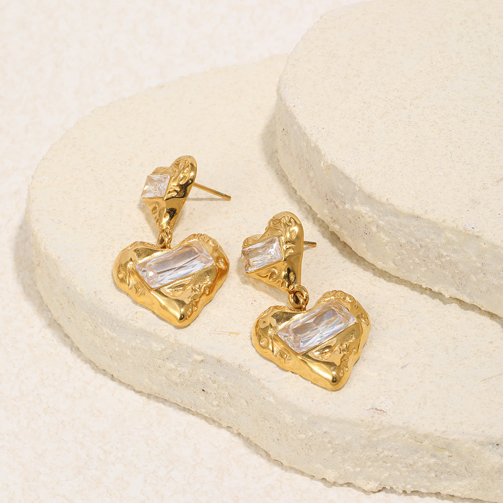 Pendientes de circonita cúbica con corazón geométrico de acero inoxidable chapado en oro de 18 quilates, lujo minimalista