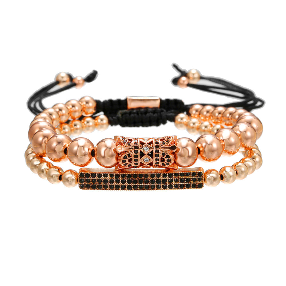 Geometric Round Brass Alloy Bracelet with Cubic Zirconia Inlay Handmade Beaded Stretch Design for Unisex