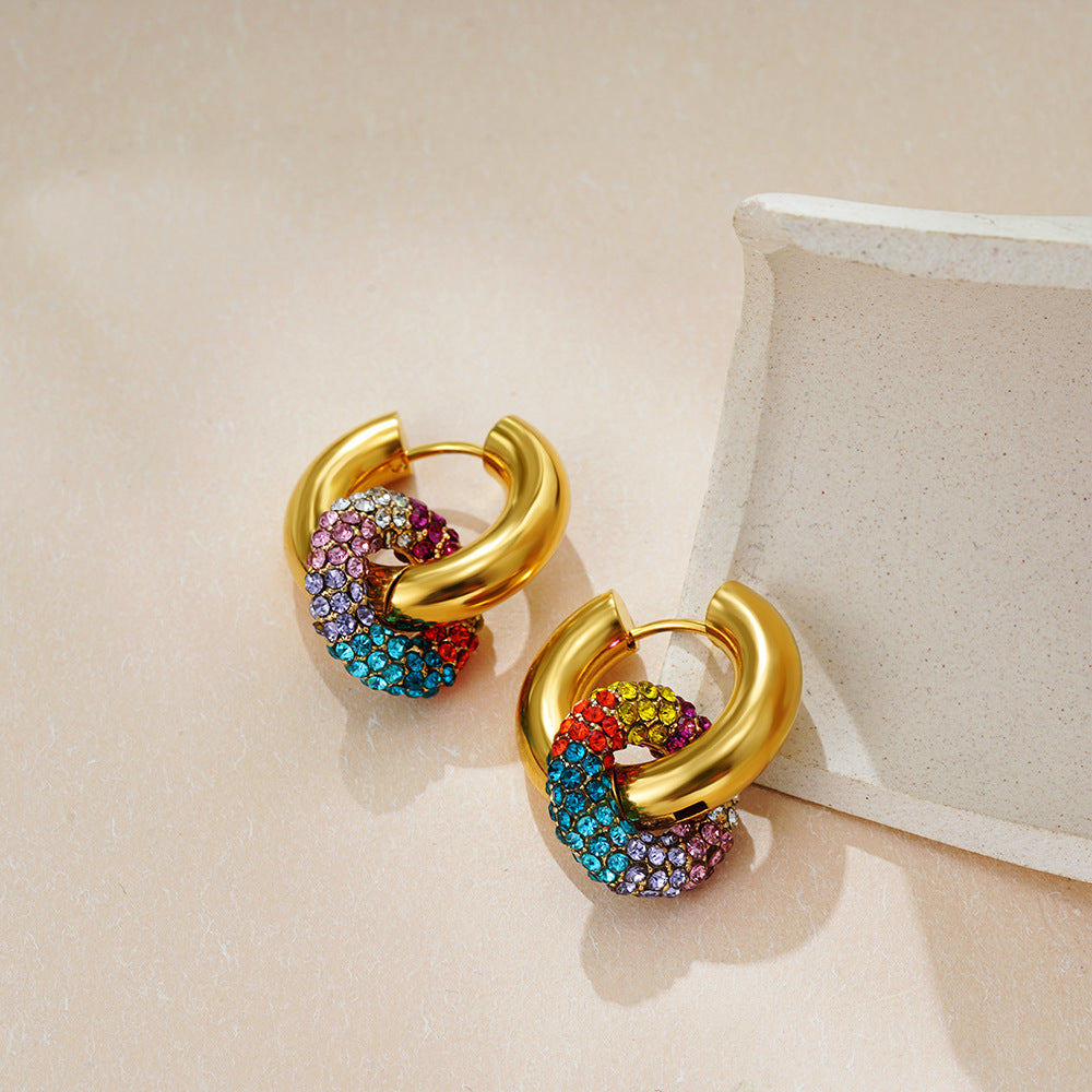 Orecchini a Cerchio Rotondi in Acciaio Inossidabile Placcato Oro 18K con Intarsio di Strass Unisex