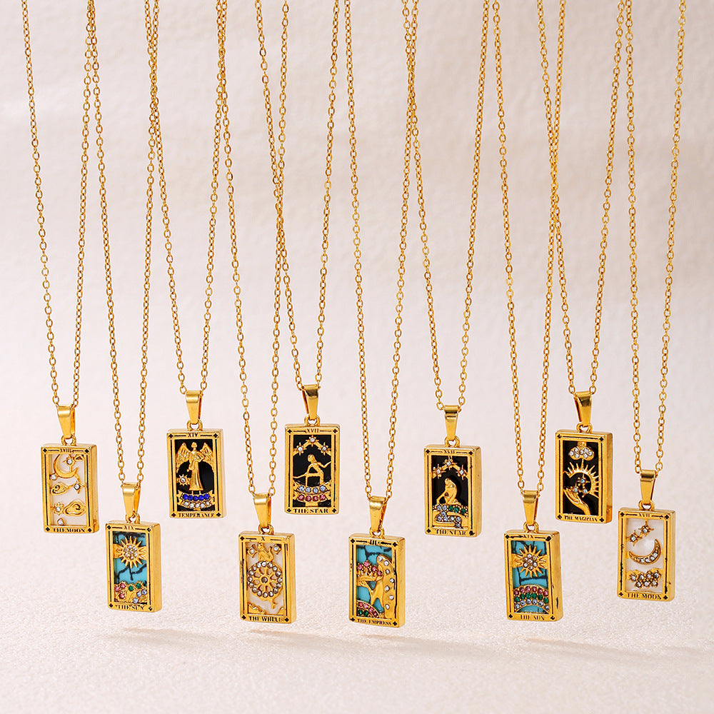 Vintage Casual Rectangle Drip Oil Cubic Zirconia Stainless Steel Necklace with Geometric Tarot Pendant Cable Chain Unisex