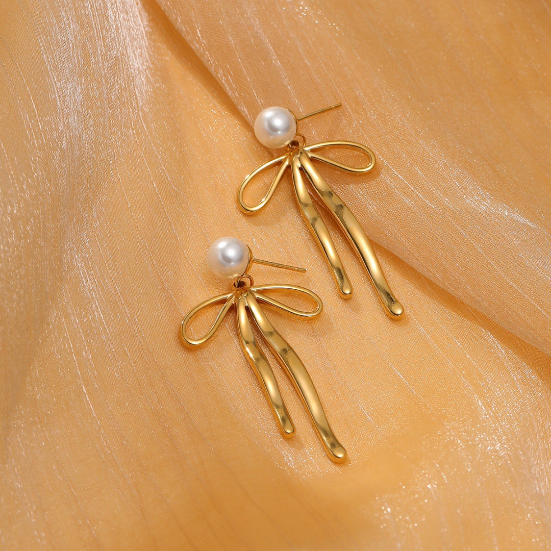Minimalist Pearl Bow Titanium Steel Stud Earrings for Women with Plated Finish