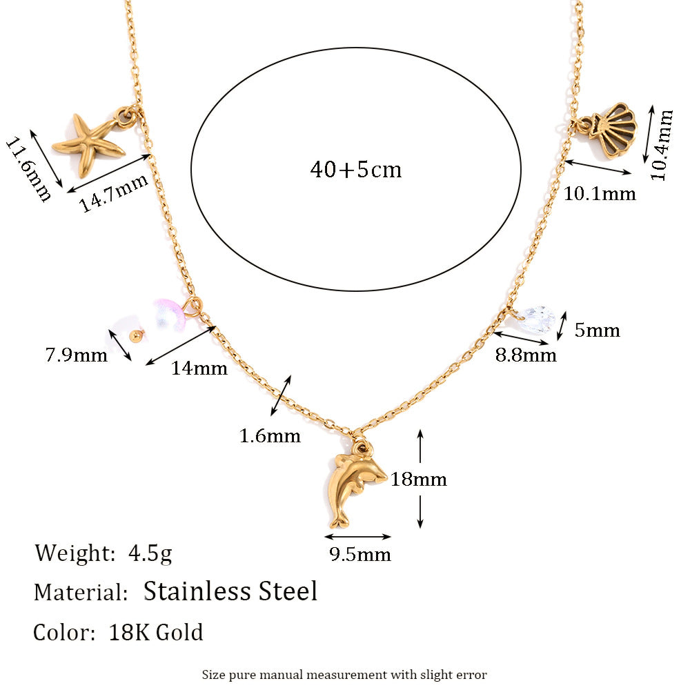 Collar con Colgante de Acero Inoxidable de Inspiración Marina Vintage con Abalorios de Estrella de Mar y Delfín, Chapado en Oro de 18K, Accesorio de Moda Femenina