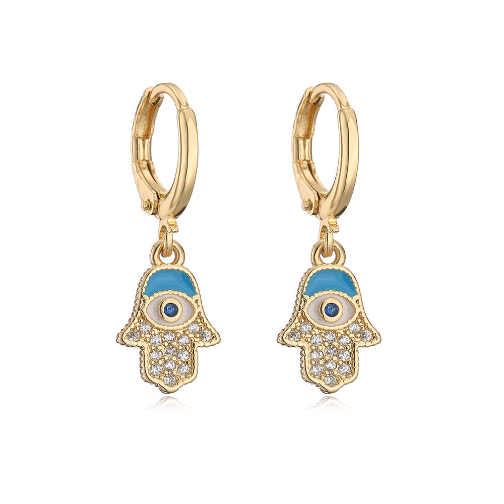 Vintage-Style Geometric Copper Earrings with 18K Gold Plating and Enamel Finish Featuring Hand and Eye Motifs for Women