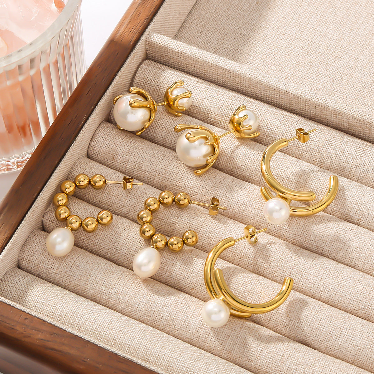 Vintage French Style Geometric C-Shaped Stainless Steel Earrings with Pearl Inlay Plated in 18K Gold for Women