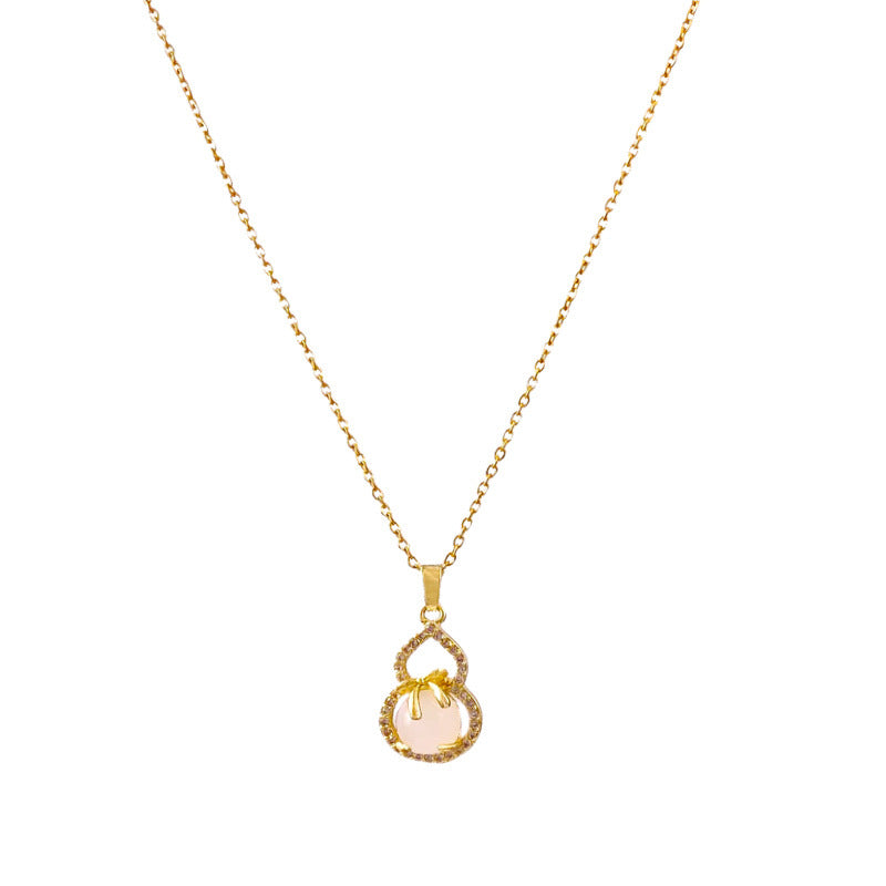 Minimalist White Calabash Pendant Necklace in Titanium Steel with Rhinestone Inlay on O-Chain for Women