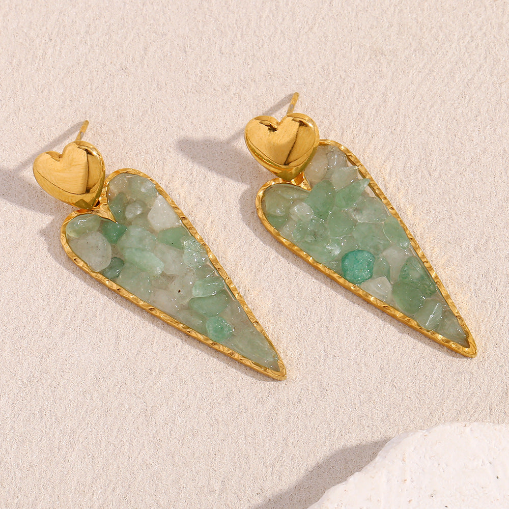 Vintage-Style Heart-Shaped Stainless Steel Earrings with 18K Gold Plating and Green Rhinestone Accents