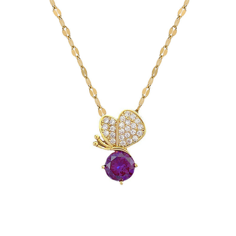 Luxury Purple Butterfly Rhinestone Necklace for Women Titanium Steel Delicate Clavicle Chain for Wedding Party and Formal Events