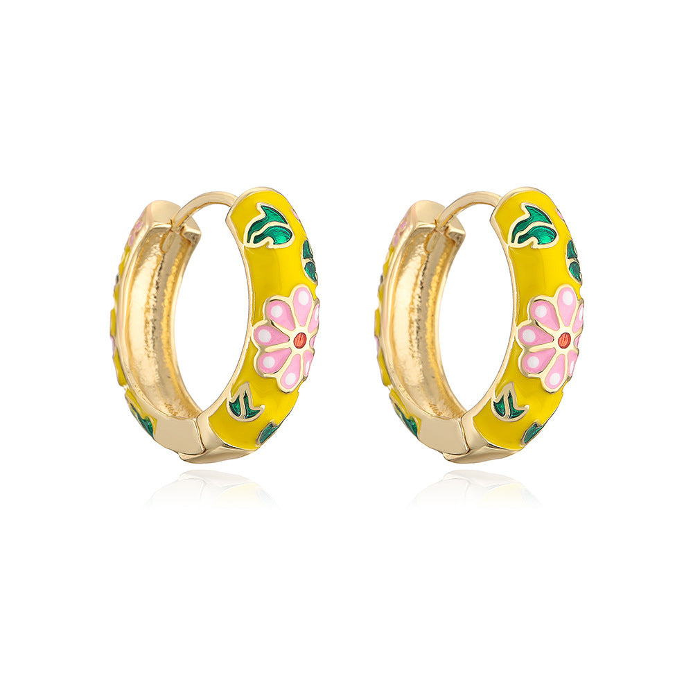 Minimalist Geometric Copper Hoop Earrings with 18K Gold Plating and Floral Enamel Accents for Women