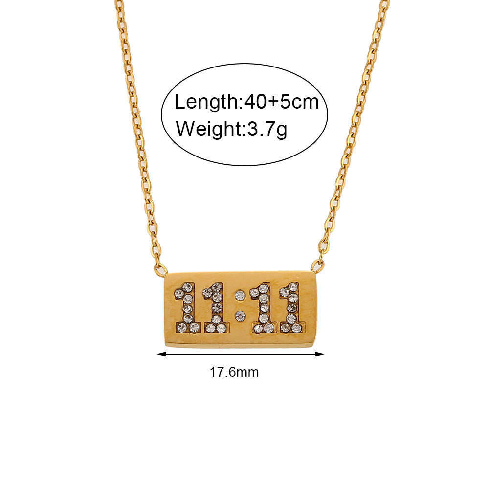 Minimalist Fashion Stainless Steel Rectangular Pendant Necklace with 11:11 and Pig Nose Design for Women