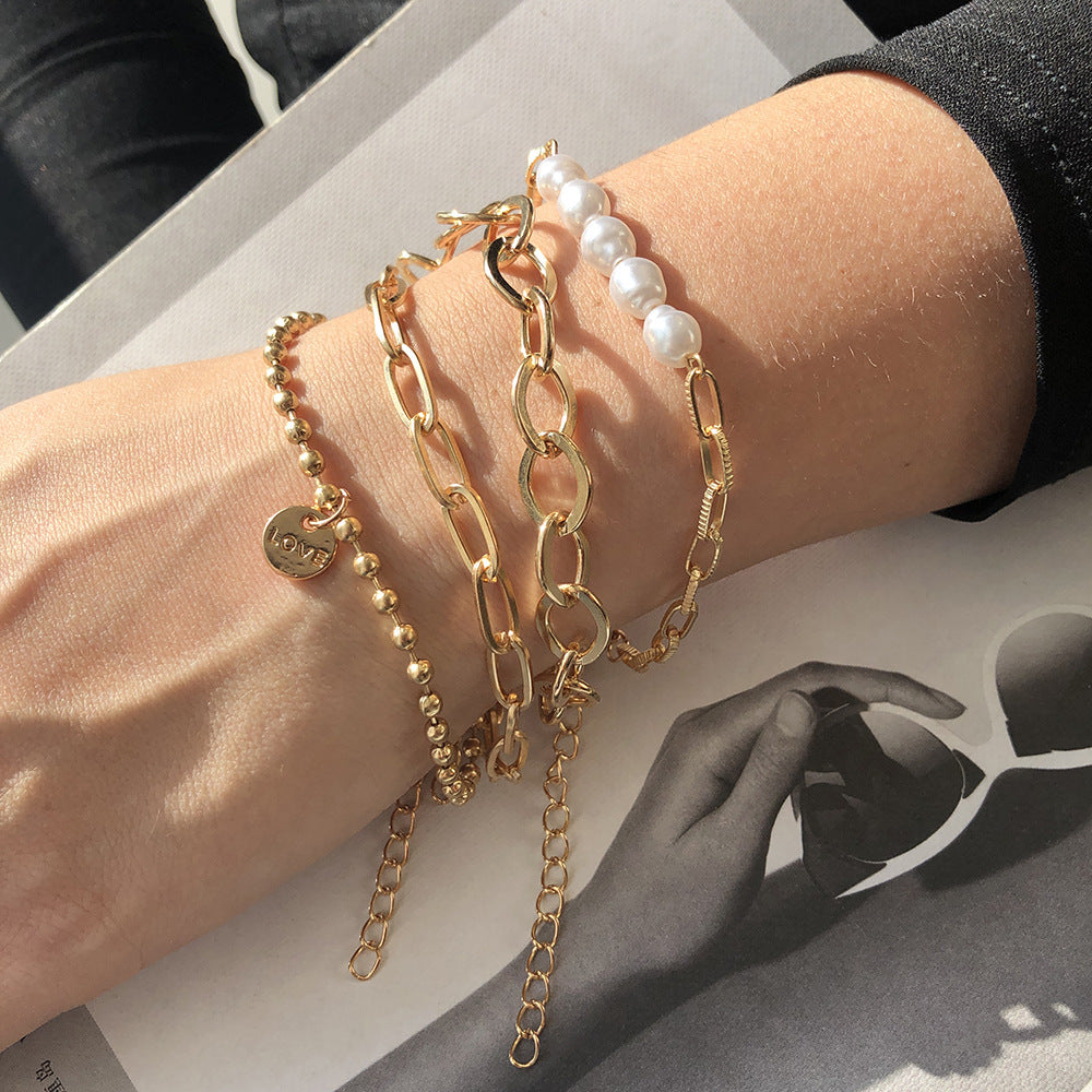 Pulsera de cadena en O geométrica dorada de varias capas para mujer, estilo dulce y moderno, pulsera de aleación chapada, joyería de moda para recuerdo de viaje