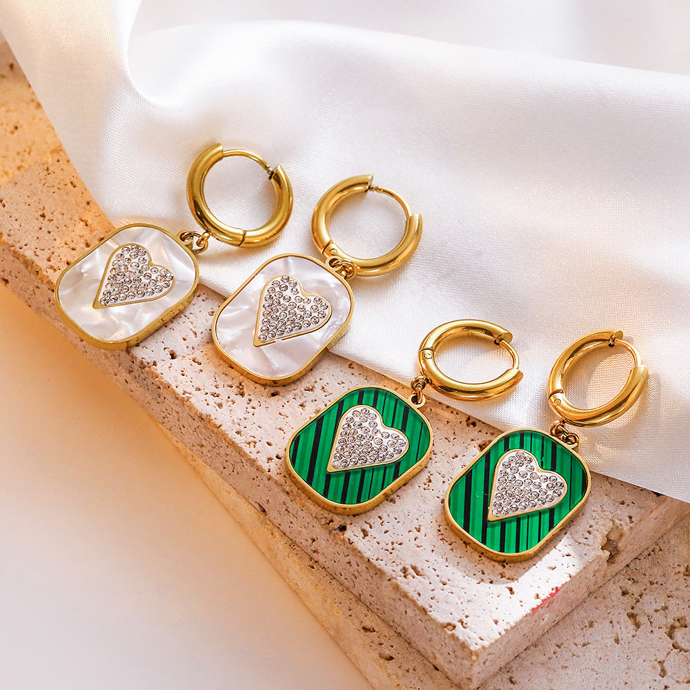 Orecchini da donna in acciaio al titanio a forma di cuore, geometrici e vintage, con intarsi in strass