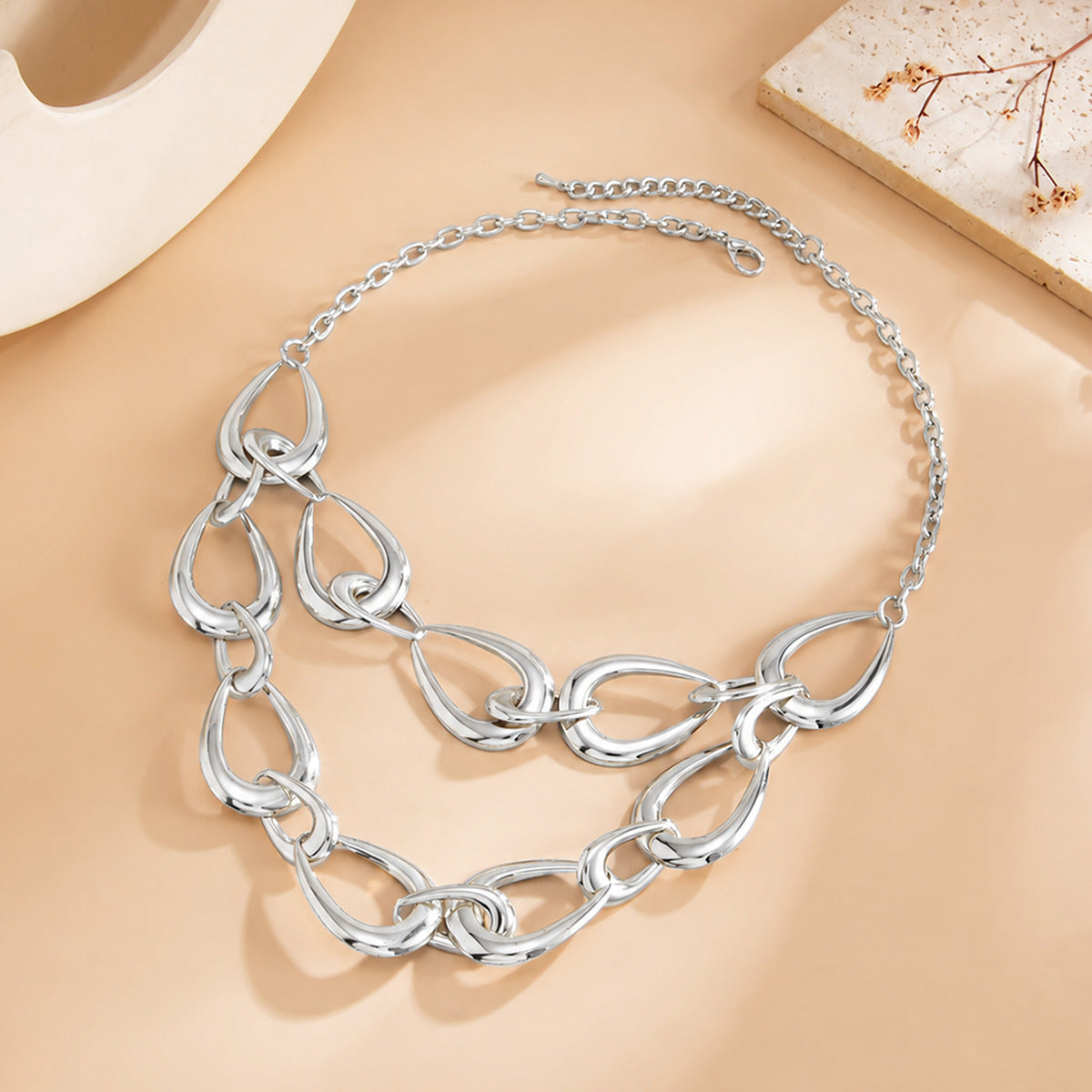 Punk Geometric Teardrop Hollow Double Layer Plated Iron Necklace for Women