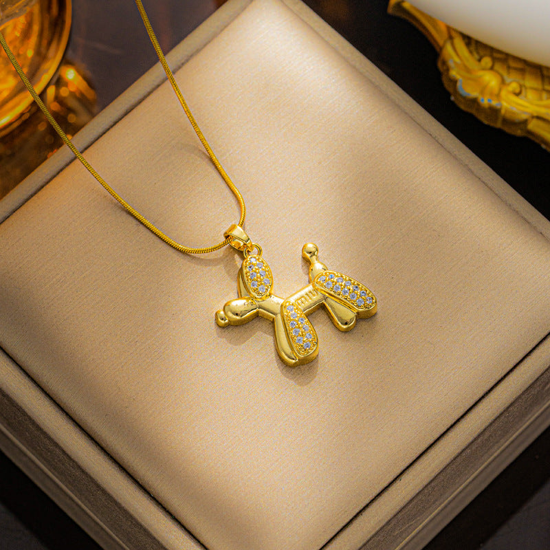Cute Balloon Dog Pendant Necklace for Women in Titanium Steel with Rhinestone Inlay, Minimalist Korean Style Snake Chain Choker