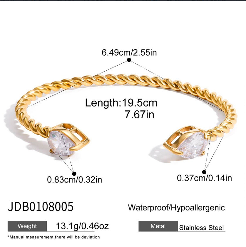 Pulsera geométrica de acero de titanio con incrustaciones de circonita chapada en oro de 18 quilates, pulsera de mano de lujo de acero inoxidable