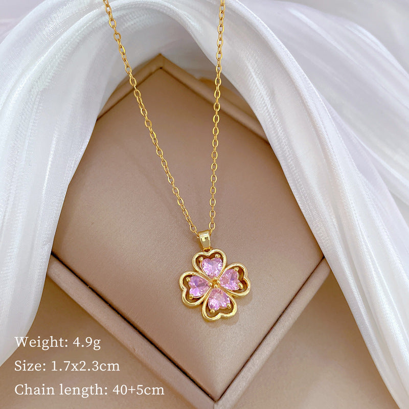 Minimalist Clover Pendant Necklace for Women and Men in Titanium Steel with Gold Plating and Rhinestone Inlay on O-Chain