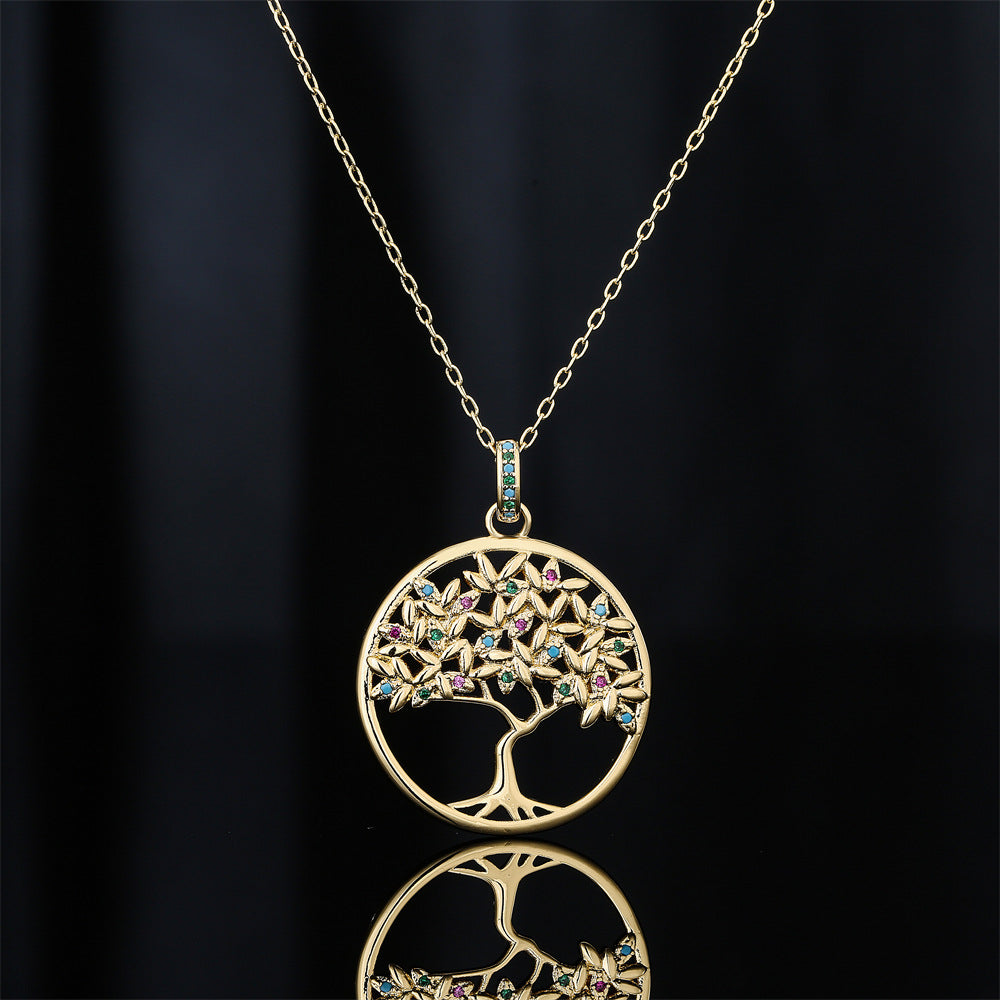 18K Gold Plated Brass Tree of Life Pendant Necklace with Micro-Inlaid Cubic Zirconia for Women