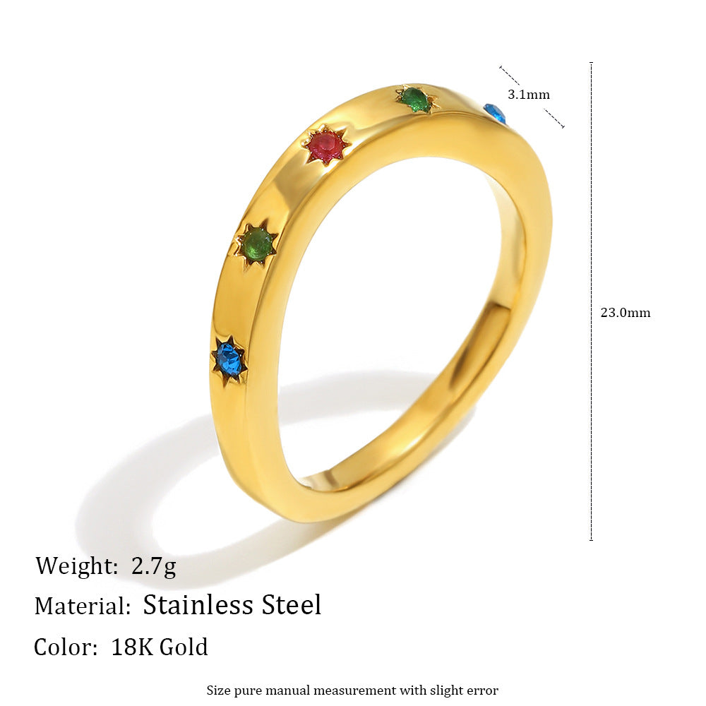 Minimalist Geometric Stainless Steel Plated 18K Gold Eight-Pointed Star Ring for Women with Colorful Rhinestone Inlay