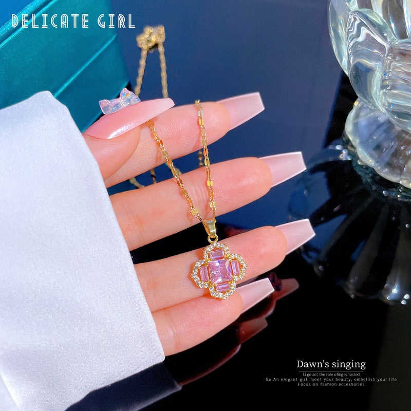 Elegant Floral-Shaped Titanium Steel Necklace with Micro-Paved Zirconia for Women, Delicate Clavicle Chain