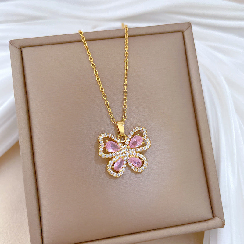 Sweet Minimalist Pink Butterfly Hollow Rhinestone Titanium Steel Necklace for Women