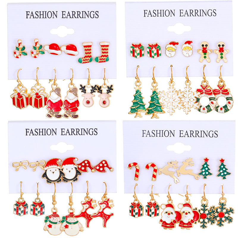 Set de pendientes de aleación con motivos navideños de muñeco de nieve, copo de nieve, reno y árbol de Navidad para mujer