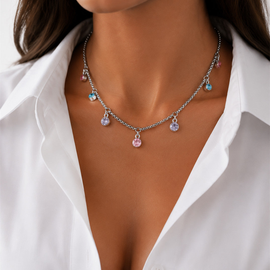 Sweet Geometric Round Rhinestone Zinc Alloy Pendant Necklace Plated Iron Cable Chain for Women