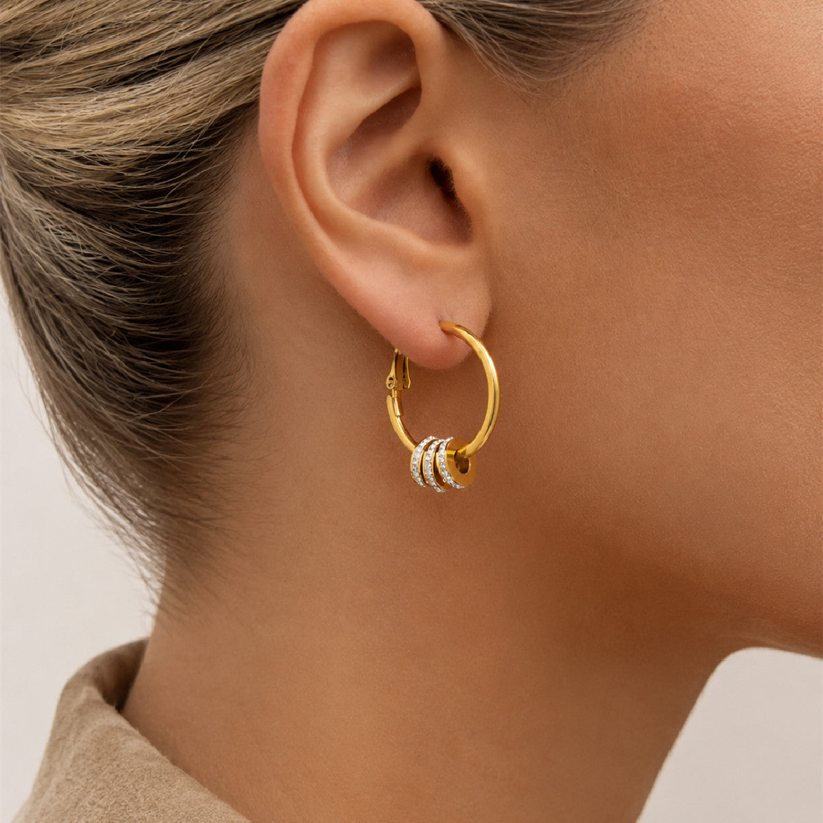 Luxury Elegant Rhinestone Inlaid Geometric Round Stainless Steel Earrings PVD Plated