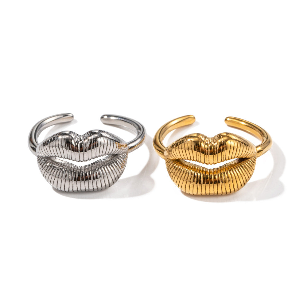 Fashion Ins Style Geometric Lip Pattern Plated 18K Gold Stainless Steel Open Ring for Women