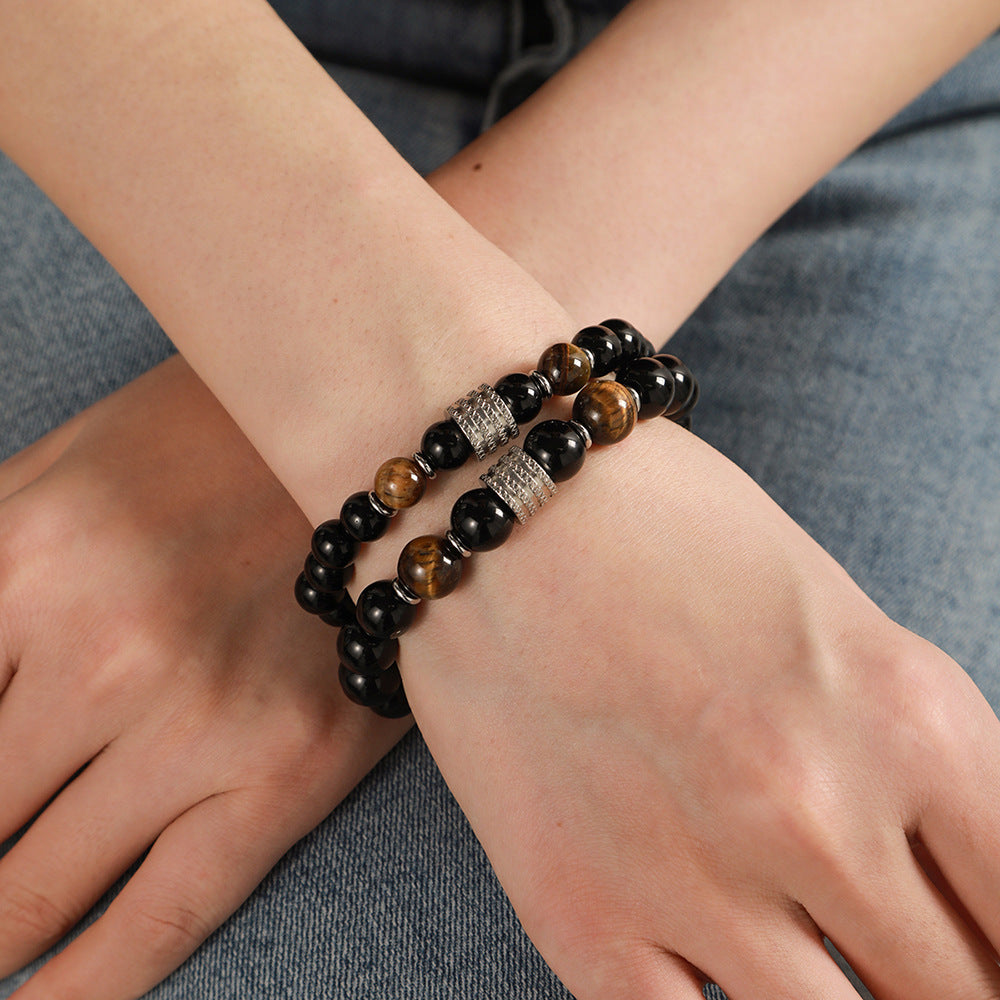 Geometric Round Stainless Steel Black Agate Obsidian Beaded Bracelet
