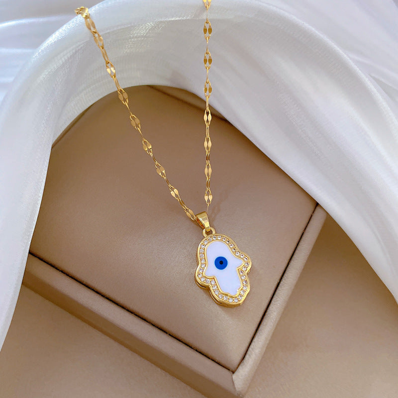 Collana con ciondolo a forma di occhio d'angelo geometrico naturale da donna in acciaio inossidabile con strass micro-pavé su catena a labbra