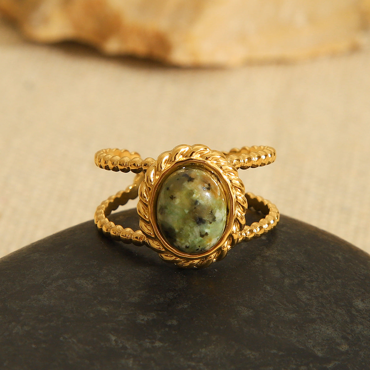 Anello aperto da donna vintage stile francese con motivo geometrico in acciaio inossidabile placcato