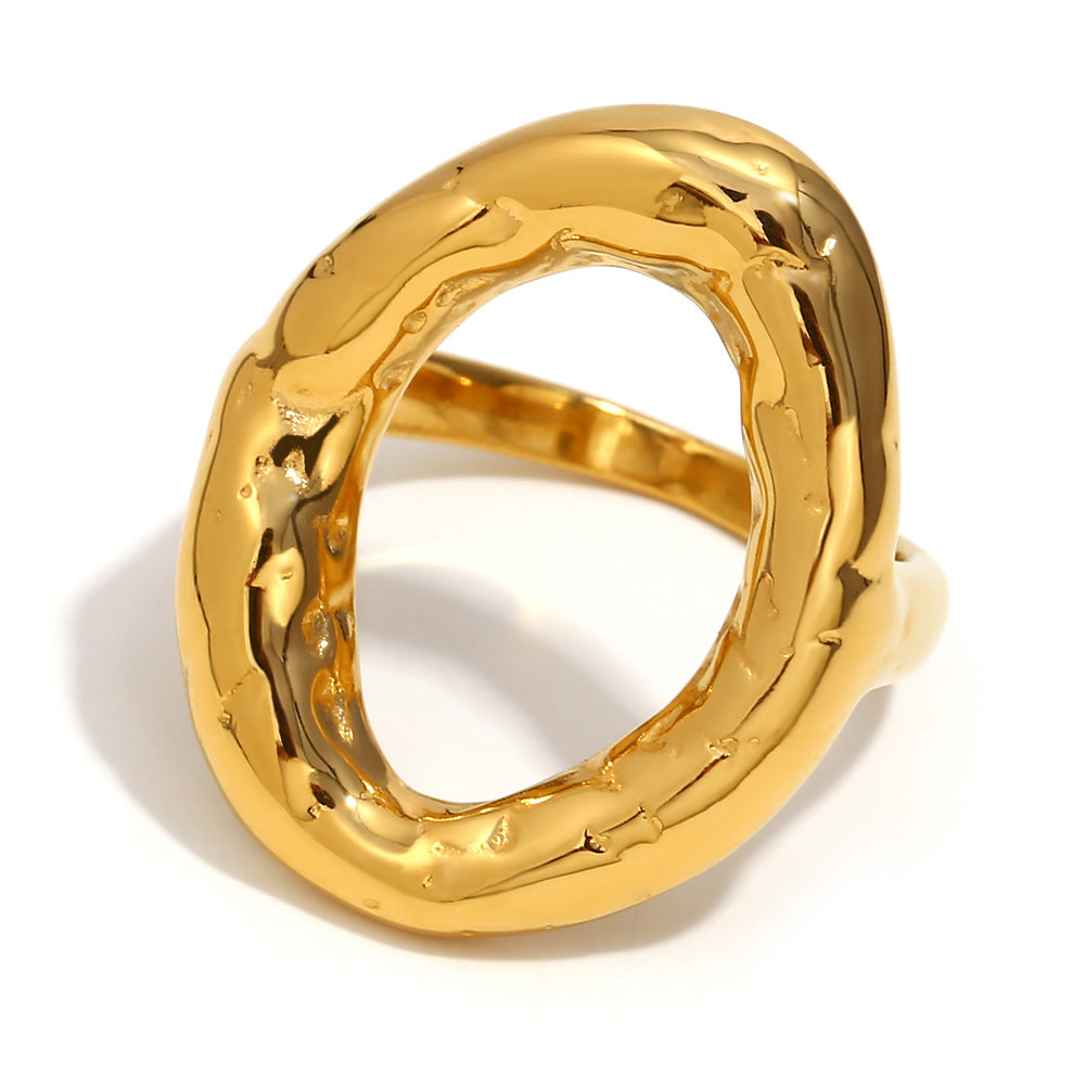 Minimalist Fashion Stainless Steel Ring with Hammered Texture and Irregular Circular Shape Plated in 18K Gold for Women