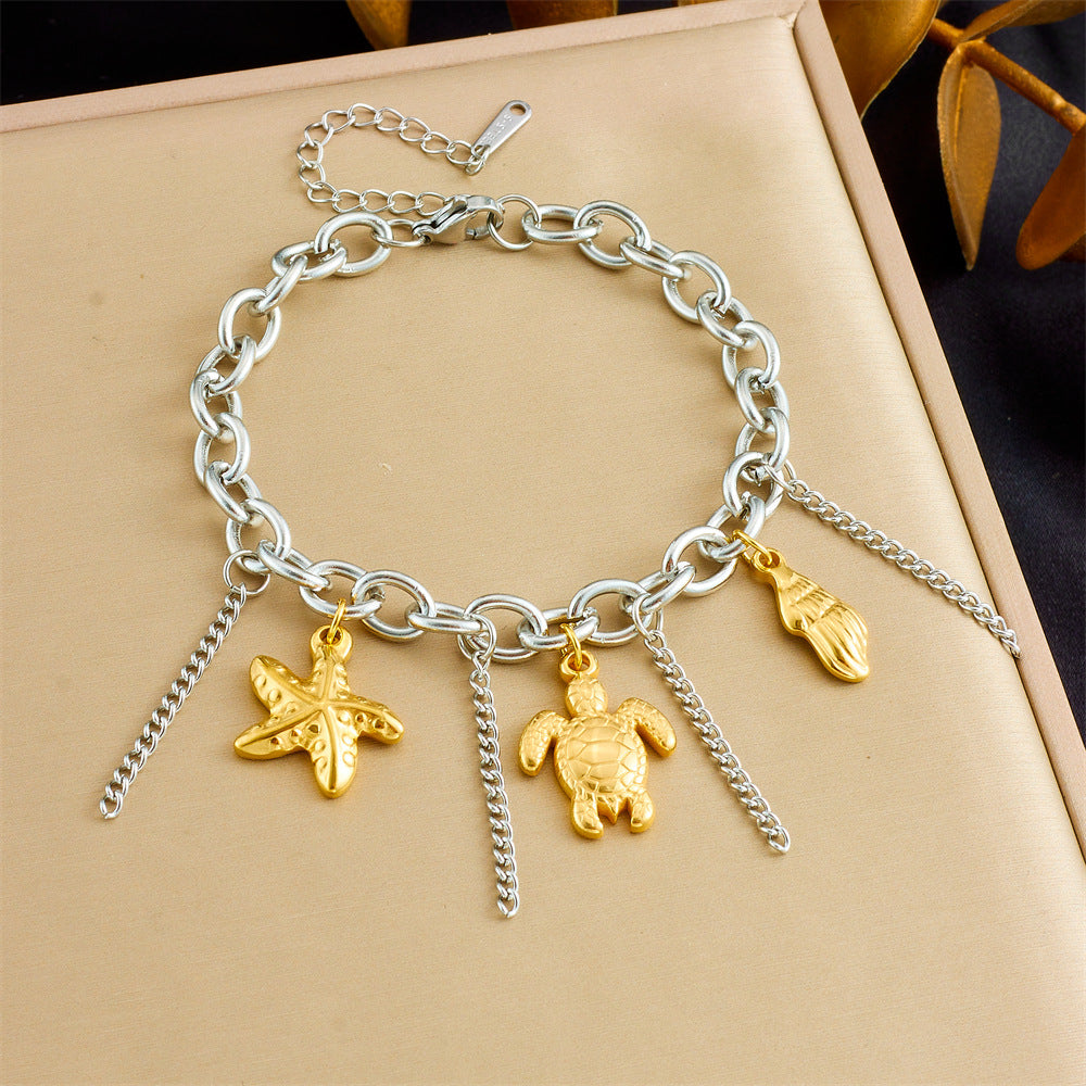 Bracciale unico in acciaio inossidabile color-block con ciondoli a forma di ape, fiore, stella marina e ciliegia