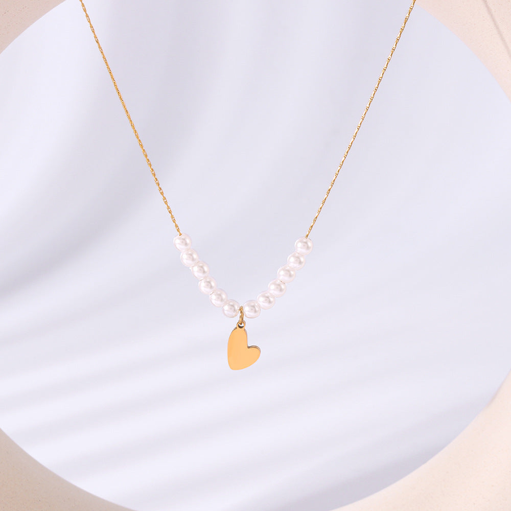 Minimalist Pearl Heart Pendant Necklace in Titanium Steel with 18K Vacuum Plated Finish for Women