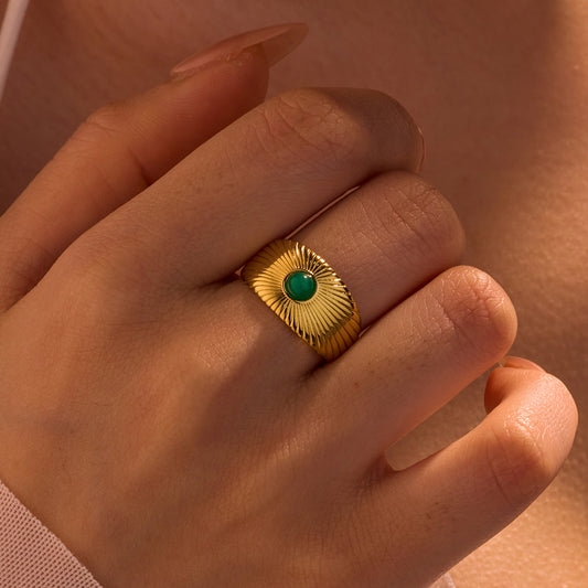 Anello a fascia larga geometrico minimalista in acciaio inossidabile con pietra naturale placcato oro 18 carati da donna