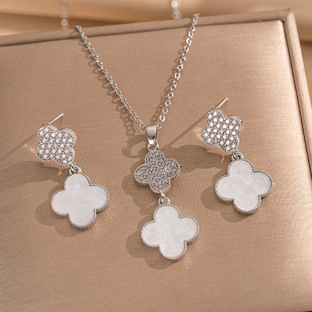 Set collana di lusso in acciaio al titanio geometrico con dettagli in strass micro-pavé e catena a maglie ovali per donna