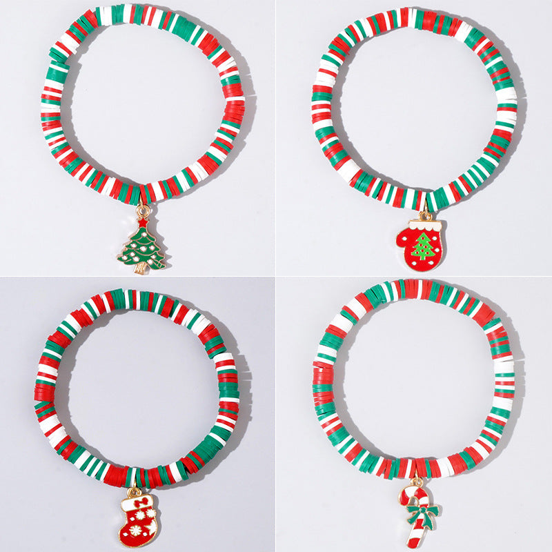 Pulsera con colgante de árbol de Navidad, guante, calcetín y bastón de arcilla polimérica hecha a mano para mujer con diseño de dibujos animados y temática festiva
