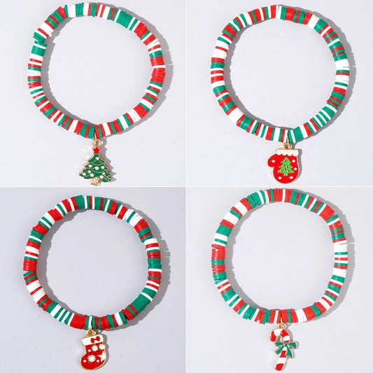 Pulsera con colgante de árbol de Navidad, guante, calcetín y bastón de arcilla polimérica hecha a mano para mujer con diseño de dibujos animados y temática festiva