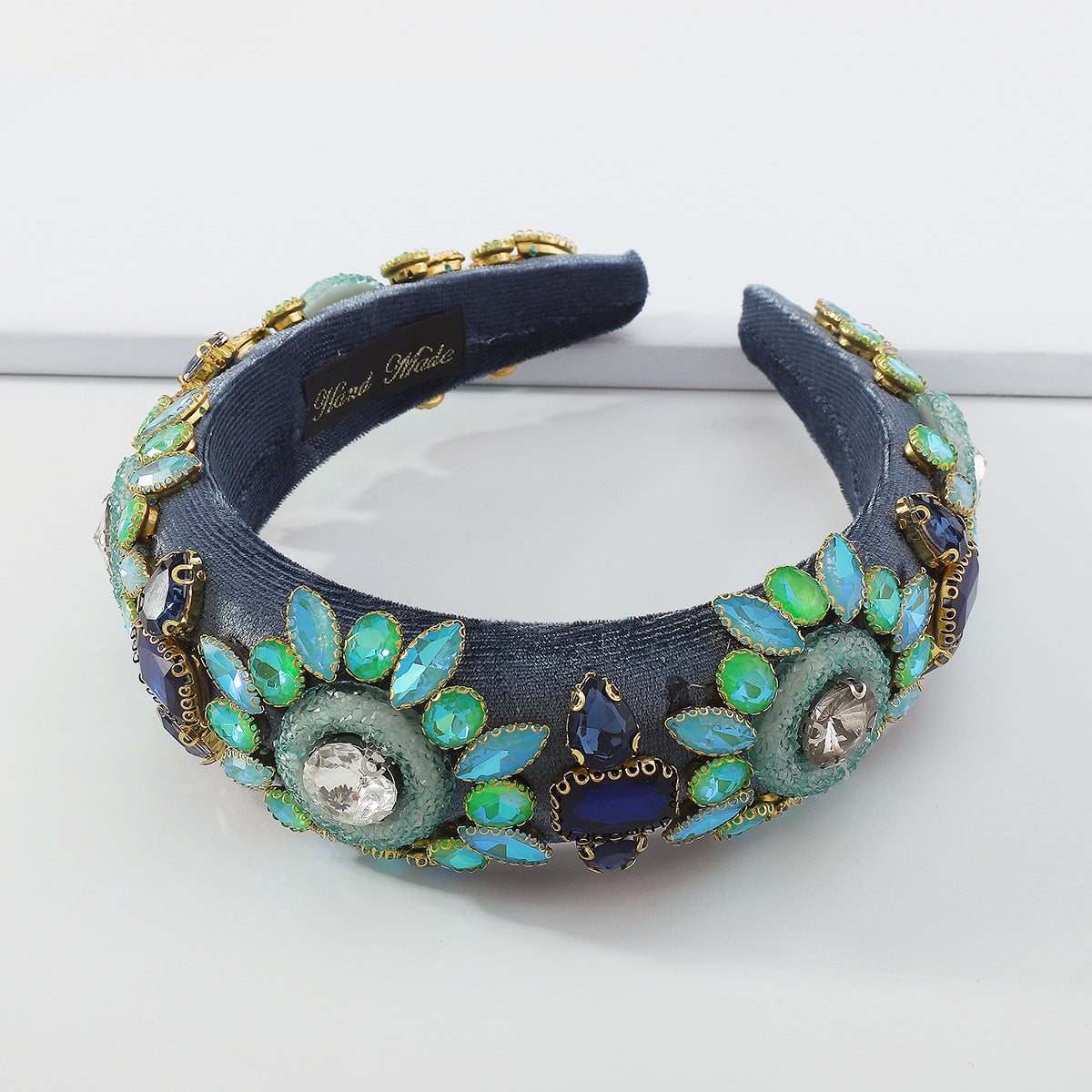Cerchietto largo da donna in stile barocco, impreziosito da strass con design geometrico e circolare