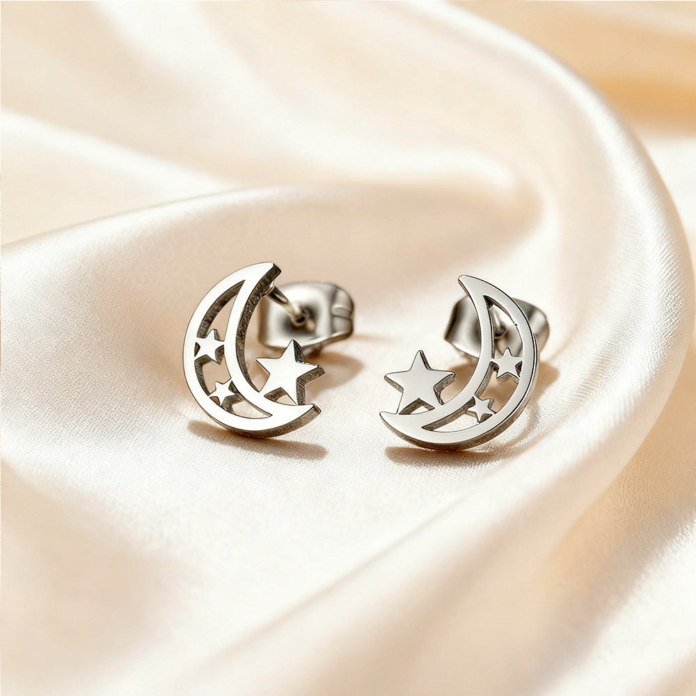 Luxury Elegant Geometric Moon Star Stainless Steel Plated Stud Earrings for Women