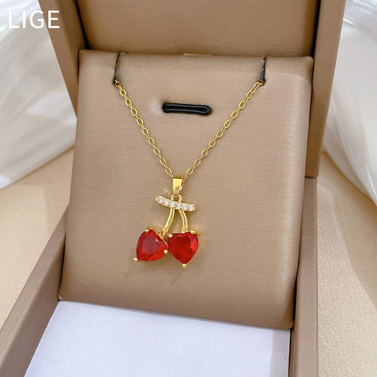 Cartoon Cherry-Shaped Stainless Steel Necklace with Rhinestone Inlay for Women and Men, Delicate Clavicle Chain