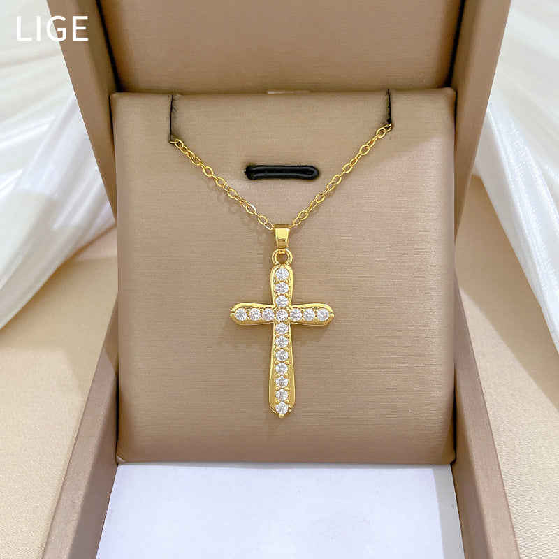 Collana di lusso fresca e dolce con ciondolo a croce geometrica in acciaio inossidabile, strass, rame, per uomo e donna