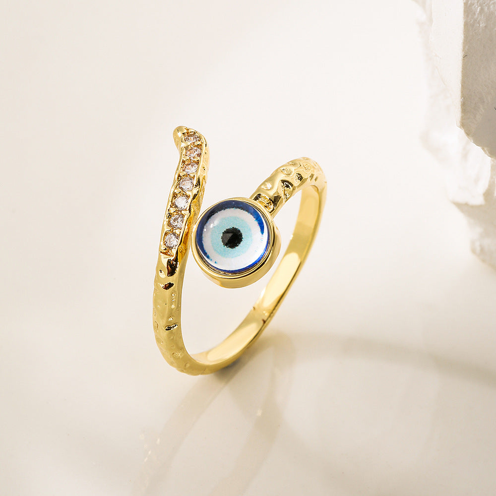 Anello aperto geometrico da donna con base in rame placcata in oro 18 carati e design a occhio turco con zirconi micro-incastonati