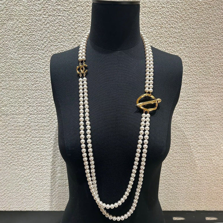 Luxury Gold Plated Double C Letter Pearl Ball Chain Necklace for Women