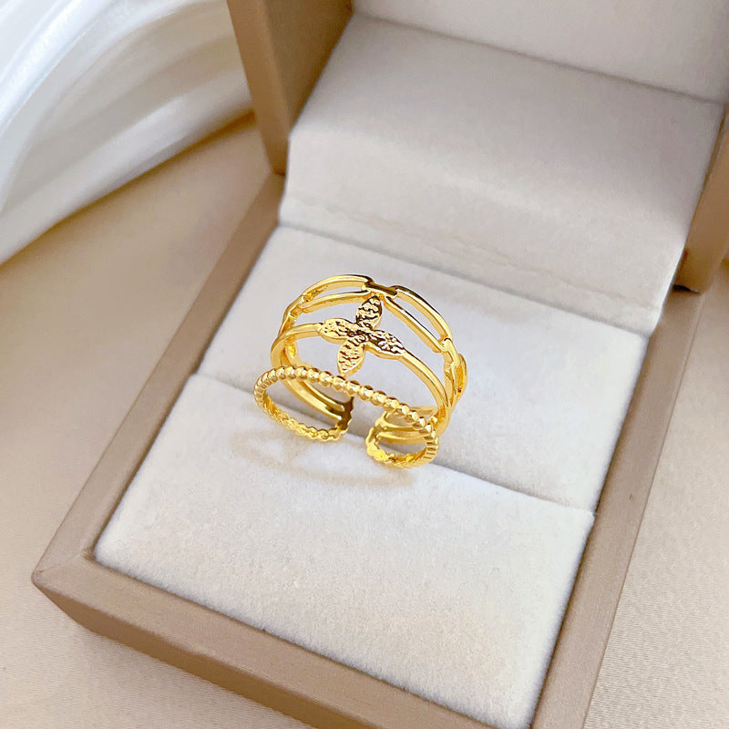 Minimalist Sweet Gold Plated Brass Plant Ring Adjustable Open Band for Couples