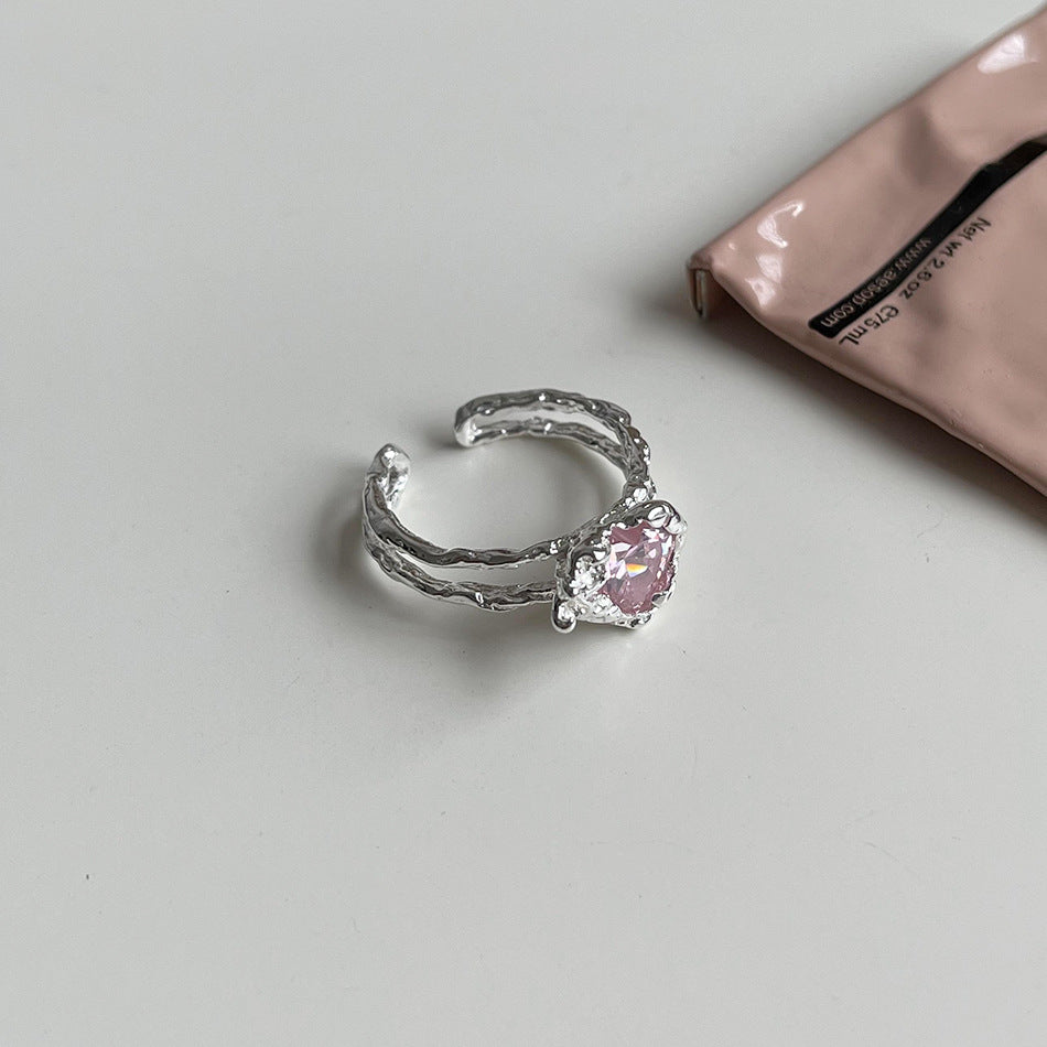 Minimalist Irregular Heart-Shaped Pink Zirconia-Set S925 Sterling Silver Open Ring with Textured Surface