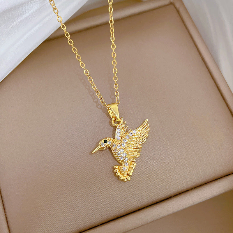 Sweet Minimalist Gold Plated Titanium Steel Bird Necklace with Rhinestone Inlay on Cable Chain for Unisex