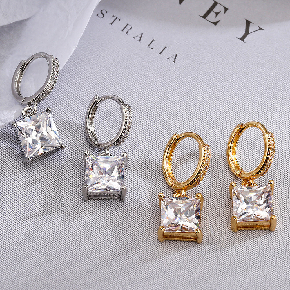Minimalist Square Geometric Earrings in Copper with Real Gold Plating and Zircon Accents for Women