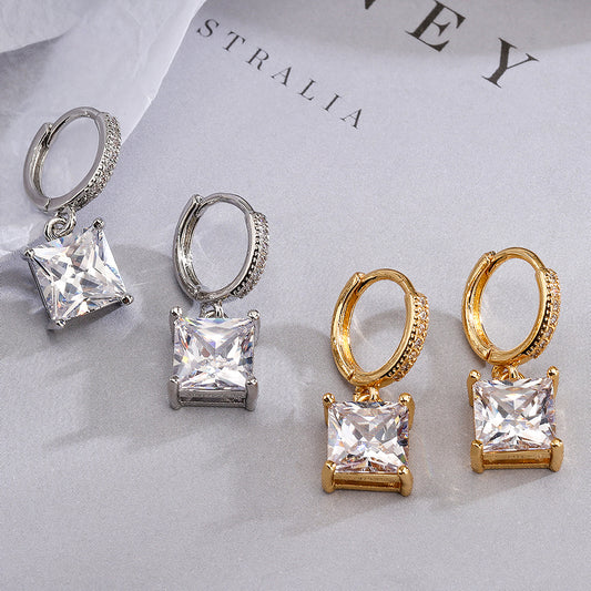 Minimalist Square Geometric Earrings in Copper with Real Gold Plating and Zircon Accents for Women